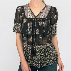 Knox Rose Black Floral Mixed-Print Peasant Blouse